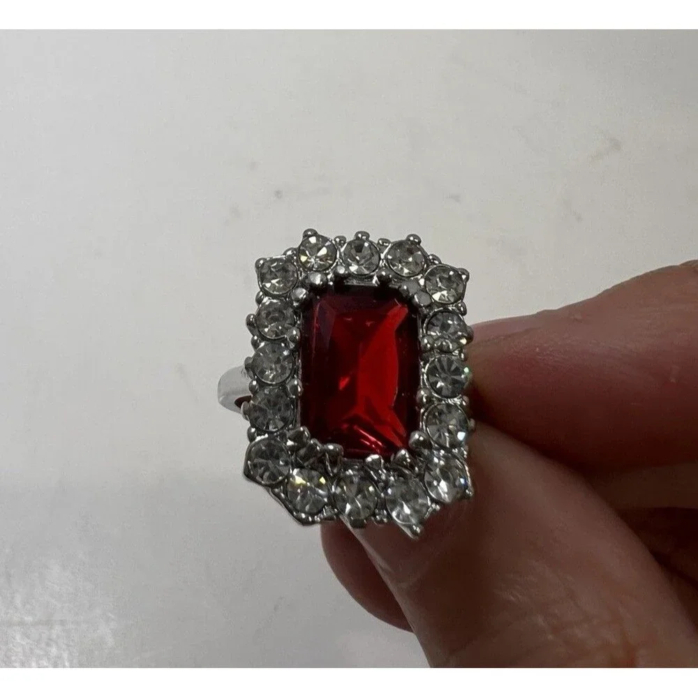 Vintage Style Simulated Ruby Gemstone Cocktail Ring Sz 8 Clear Rhinestone Halo